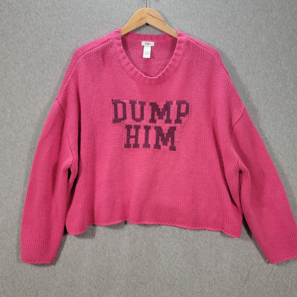 Hot Pink Graphic Sweater Women 3X Dump Him Cropped Knit Oversized Slouchy Soft